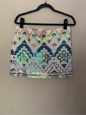 Express Sequin Aztec Mini Skirt Beige Blue Green Size M Festival Party Cocktail